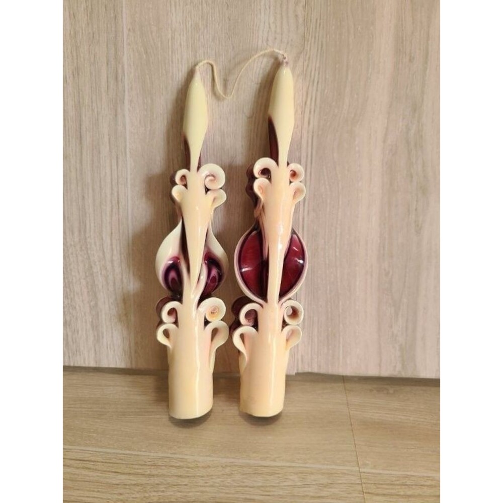 Hand Carved Ribbon Taper Candles Pair 6.5" Burgundy Cream Swirl Decorative